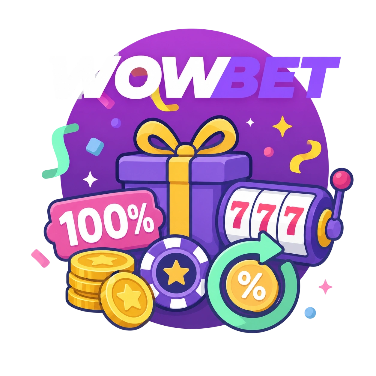 Подарочная коробка с золотой лентой, слот 777 и игровые фишки на фиолетовом фоне, показывающие бонус 100% для игроков Wowbet из России