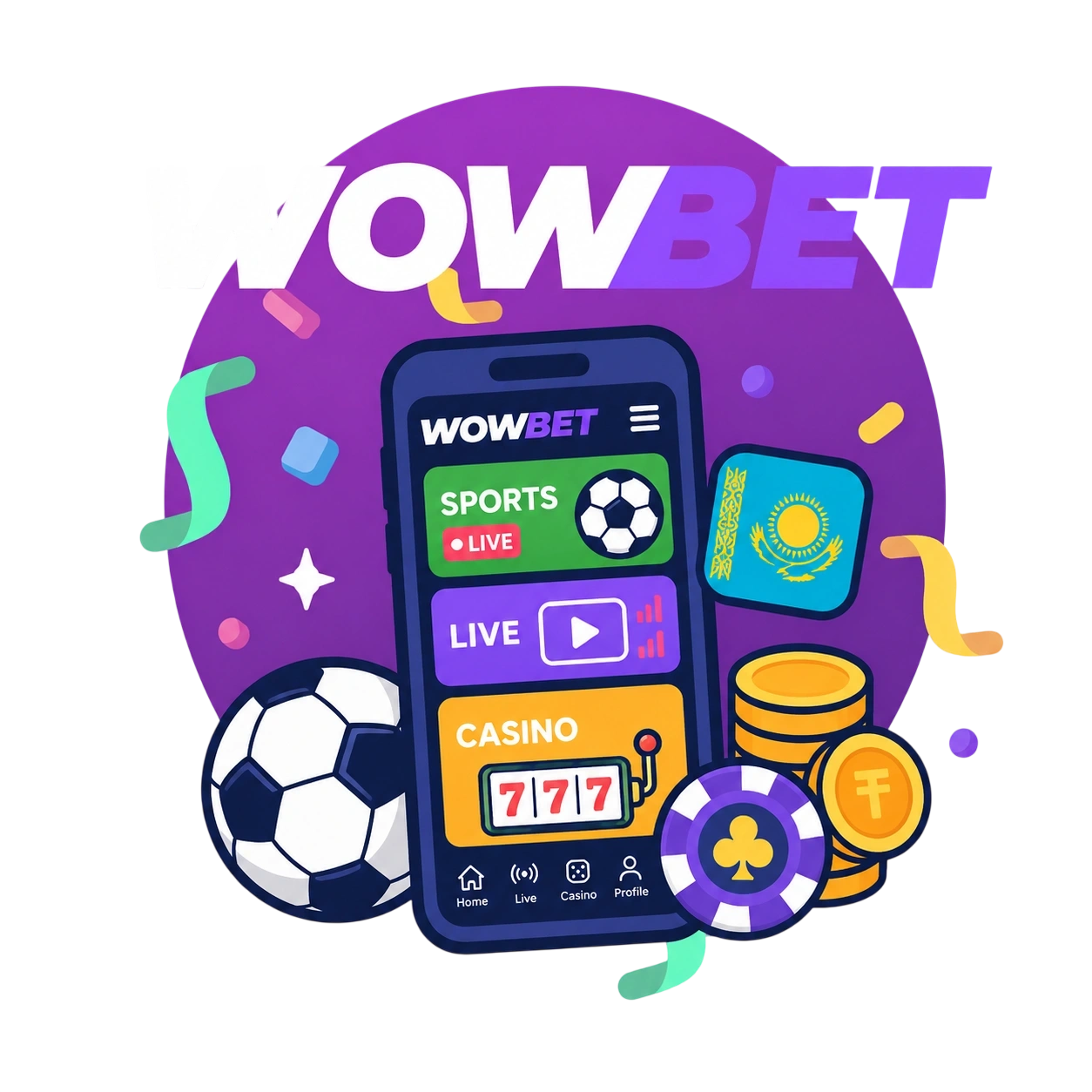 Мобильное приложение Wowbet с интерфейсом ставок на спорт и казино, футбольный мяч и фишки на фиолетовом фоне для игроков из России