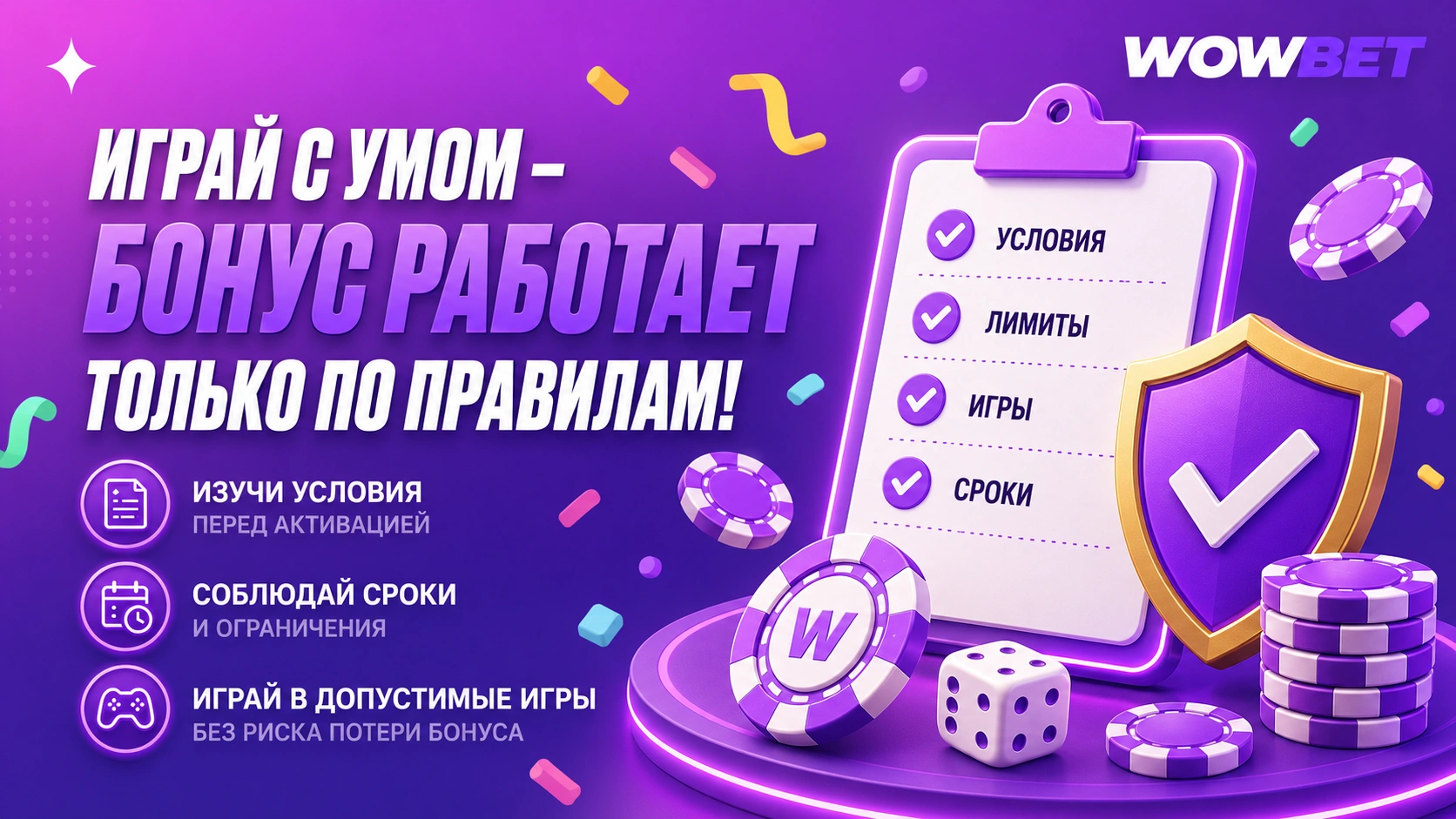 Иллюстрация с щитом, игровыми фишками и правилами бонуса на планшете, объясняющая условия бонуса и безопасную игру в Wowbet для игроков в России